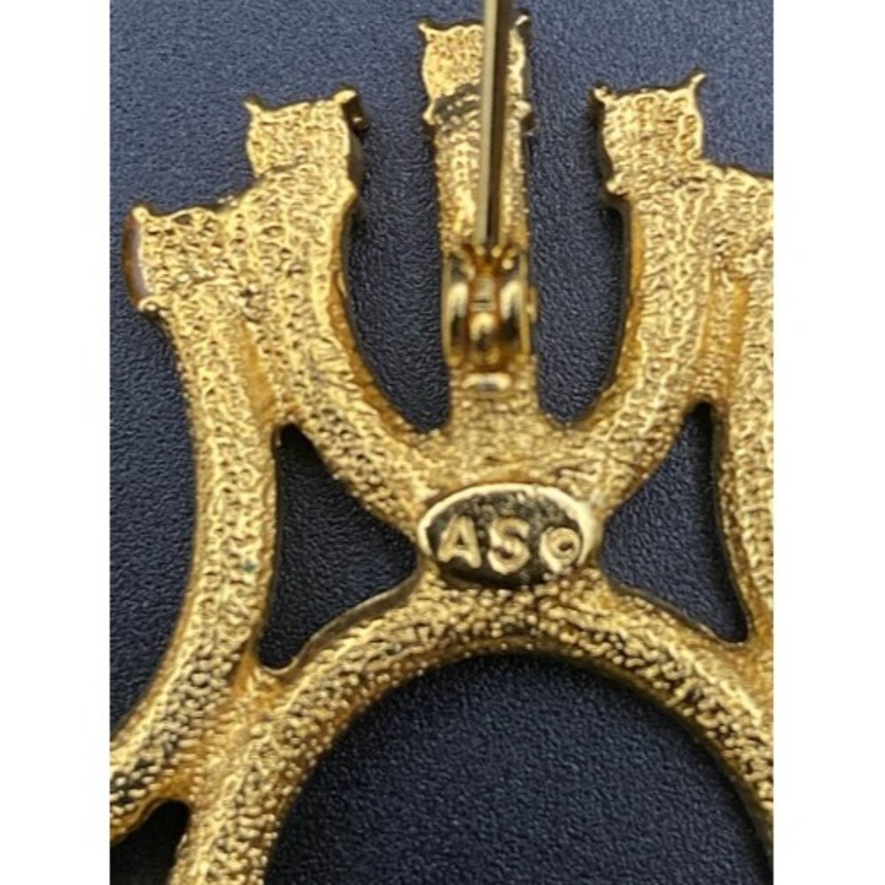 Vintage Brooch AS Hanukkah Menorah Brushed Gold Tone Pin Amber Blue Rhinestones - Picture 3 of 9